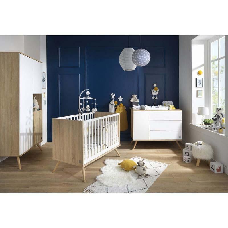 Chambre Trio Seventies Blanc Lit bébé évolutif 70x140cm + Commode + Armoire - sauthon