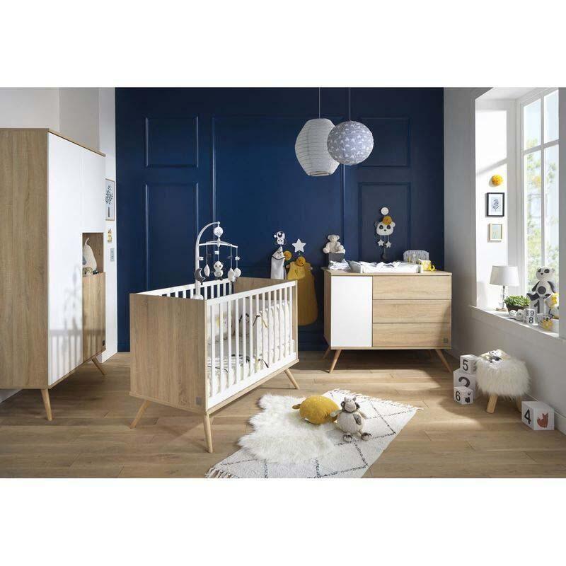 Chambre Trio Seventies Bois Blanc Lit bébé évolutif 70x140cm + Commode + Armoire - sauthon