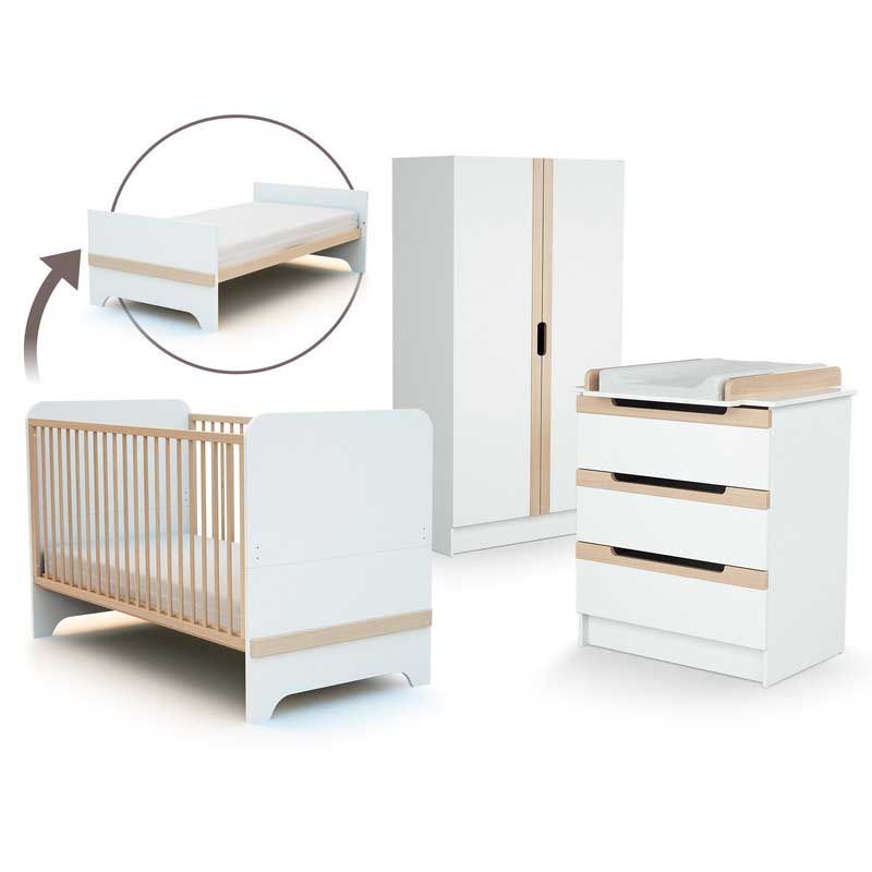 Chambre Trio Carrousel Lit bébé évolutif 70x140cm + Commode à langer + Armoire - at4