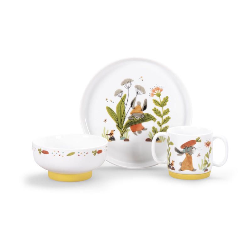 Set Vaisselle Porcelaine Blanc/Ocre Trois Petits Lapins - moulin roty