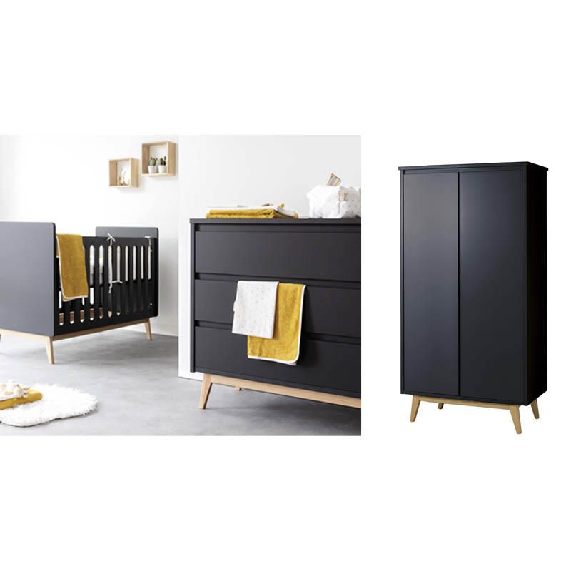 Chambre Trio Pure Noir Lit bébé 70x140cm + Commode + Armoire - pericles