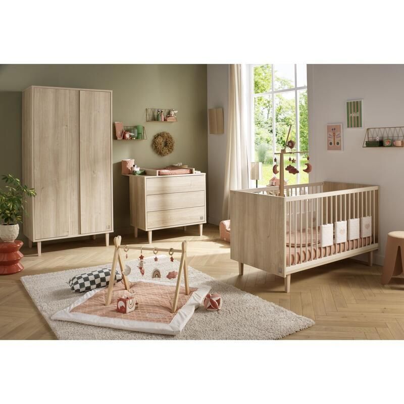 Chambre Trio Paloma Bois Lit bébé évolutif 70x140cm + Commode + Armoire - sauthon