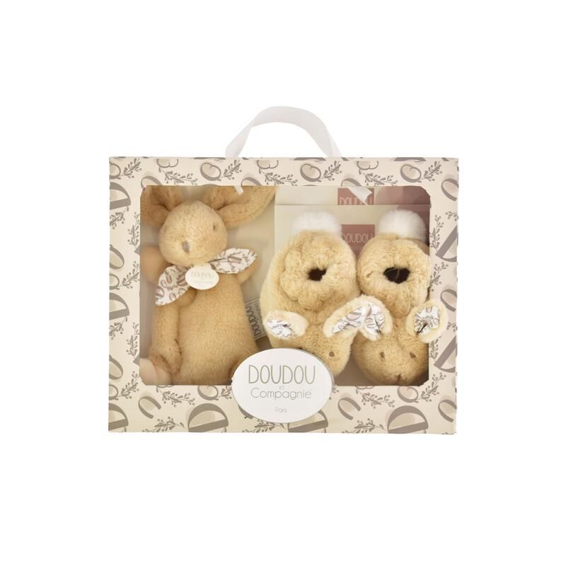 Lapin Doudou Coffret Chaussons Et Doudou 0-6m Beige - doudou et compagnie