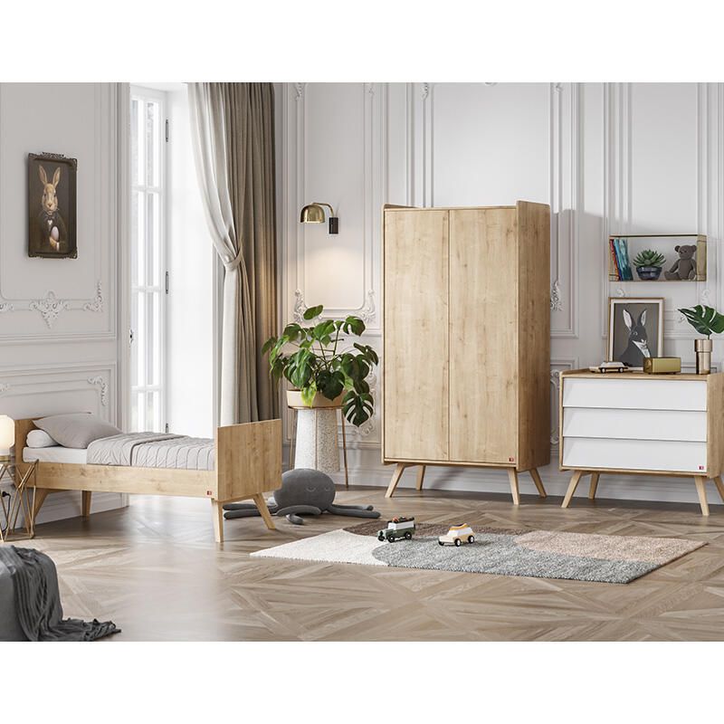 Chambre Trio Vintage Chêne Blanc Lit bébé évolutif 70x140cm + Commode + Armoire - vox