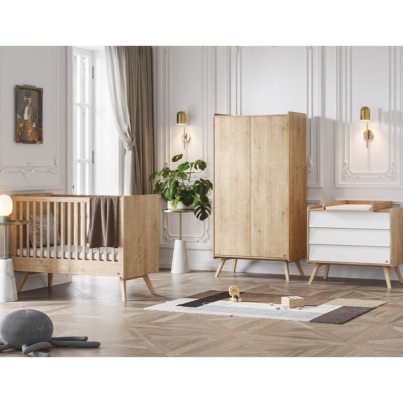 Chambre Trio Vintage Chêne Blanc Lit bébé 60x120cm + Commode + Armoire - vox