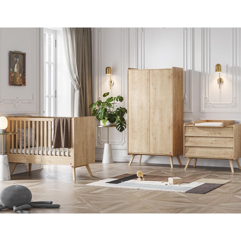 Chambre Trio Vintage Chêne Lit bébé 60x120cm + Commode + Armoire - vox
