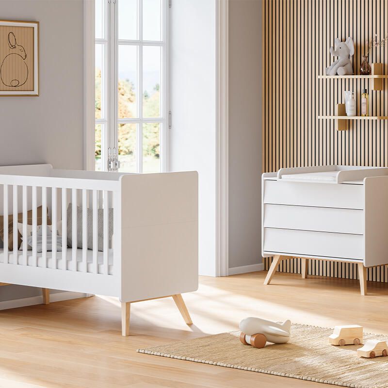 Chambre Duo Vintage Blanc Lit bébé évolutif 70x140cm + Commode - vox