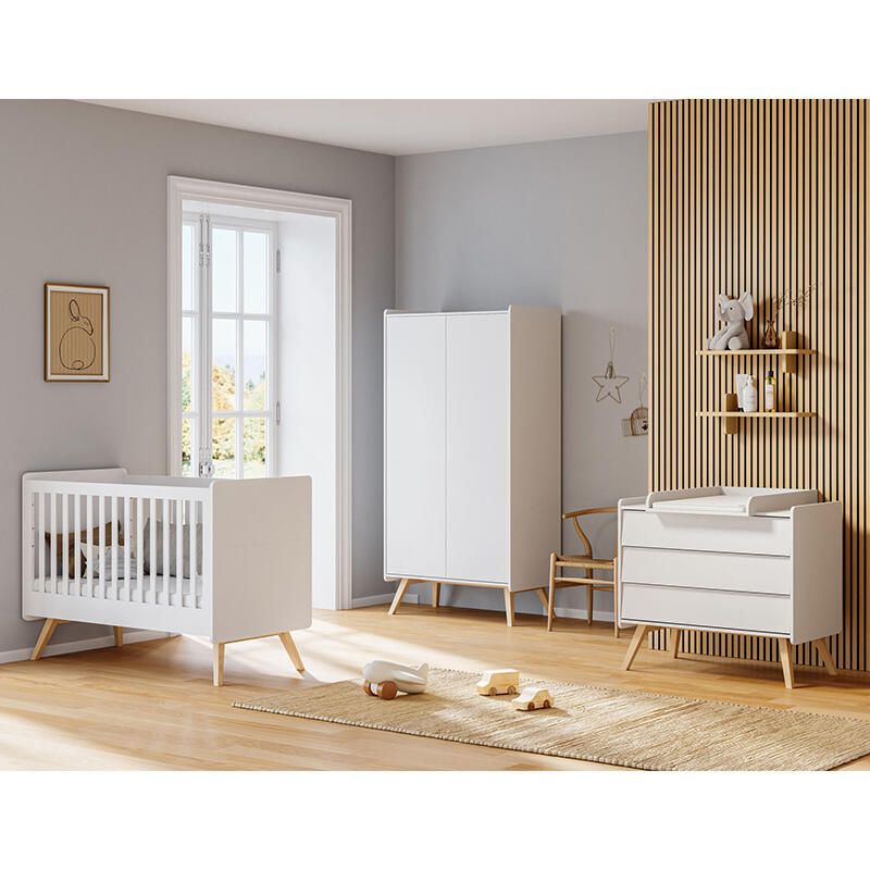 Chambre Trio Vintage Blanc Lit bébé évolutif 70x140cm + Commode + Armoire - vox
