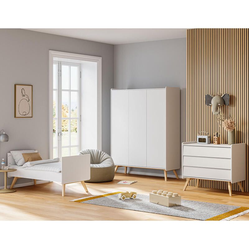 Chambre Trio Vintage Blanc Lit bébé évolutif 70x140cm + Commode + Armoire - vox