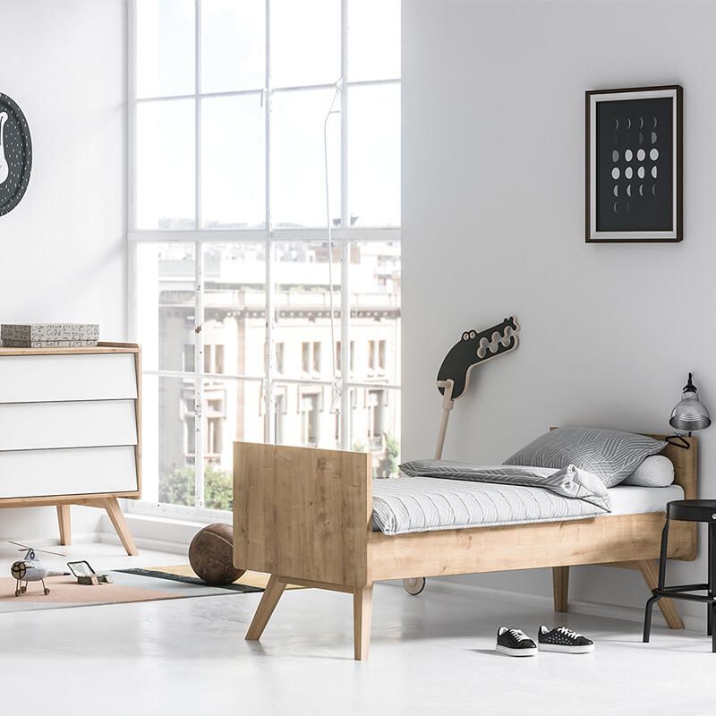 Chambre Duo Vintage Chêne Blanc Lit bébé évolutif 70x140cm + Commode - vox
