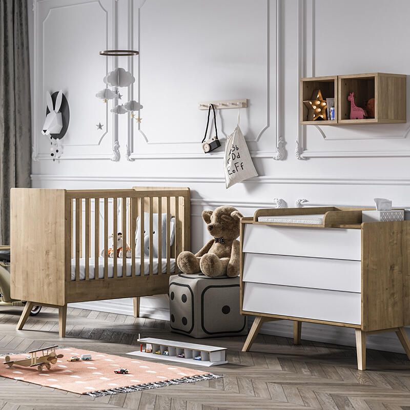Chambre Duo Vintage Chêne Blanc Lit bébé 60x120cm + Commode - vox