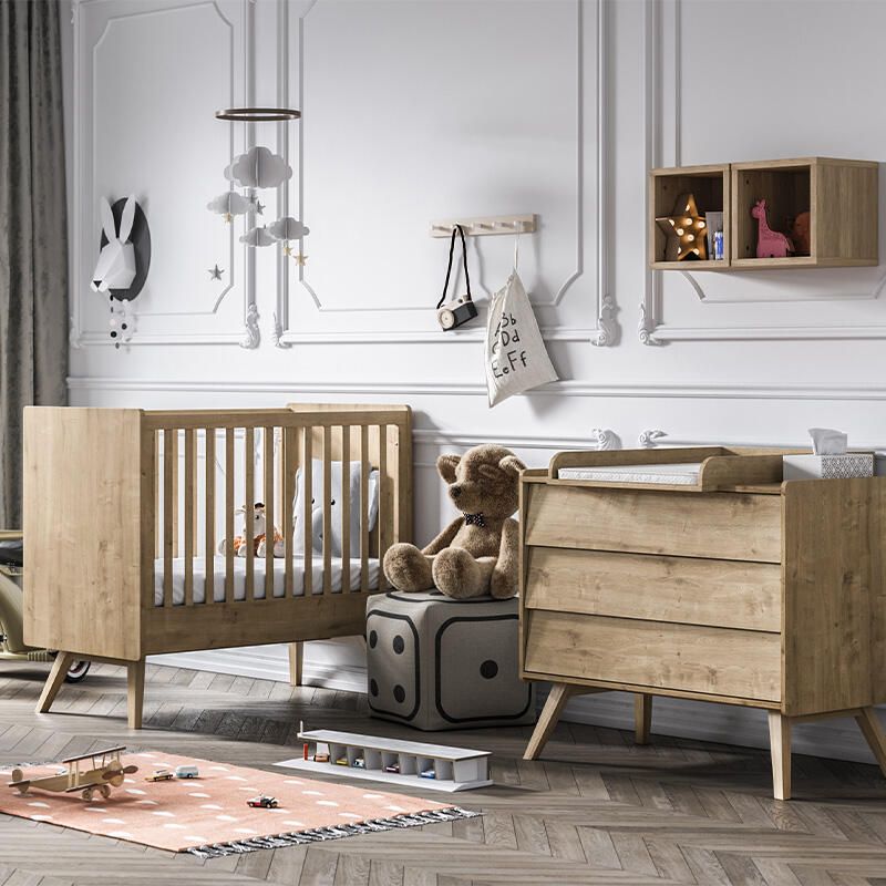 Chambre Duo Vintage Chêne Lit bébé 60x120cm + Commode - vox