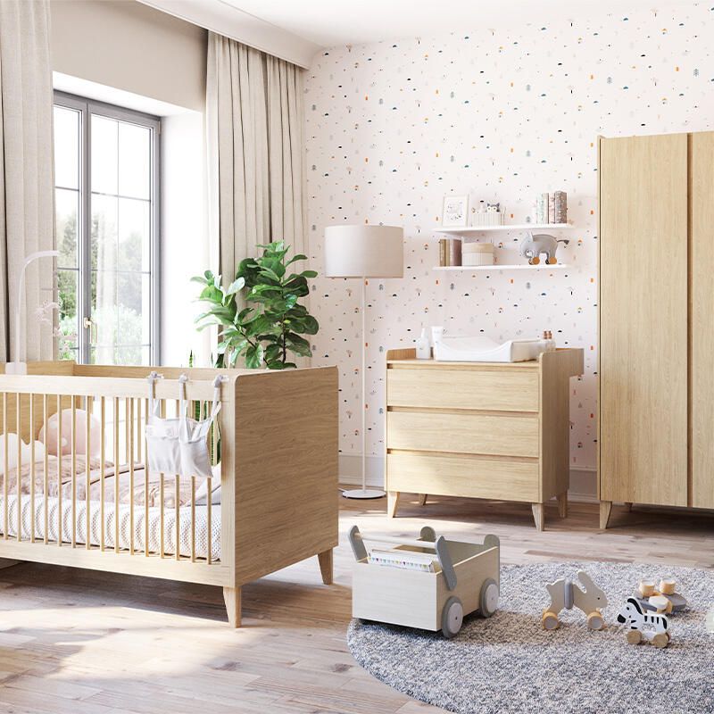Chambre Trio Muve Chêne Lit bébé évolutif 70x140cm + Commode + Armoire - vox