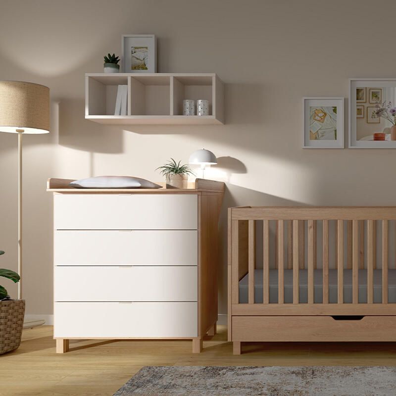 Chambre Duo Simple Chêne Sable Beige Lit bébé évolutif 70x140cm + Commode - vox