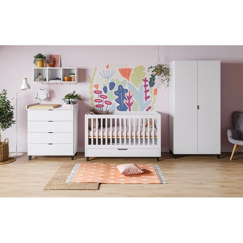 Chambre Trio Simple Blanc Lit bébé évolutif 70x140cm + Commode + Armoire - vox