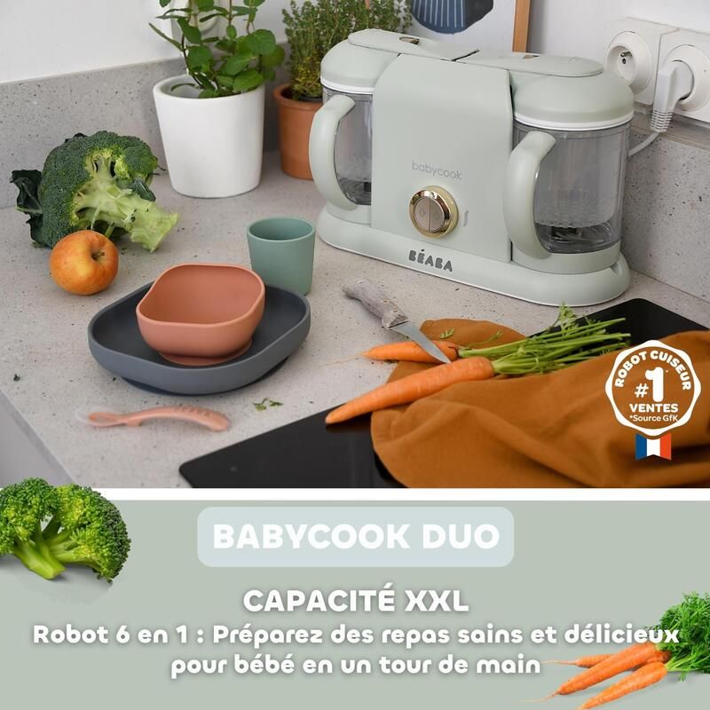 Pack Babycook Duo Misty Green + Lot de 4 cuillères 1er âge - beaba