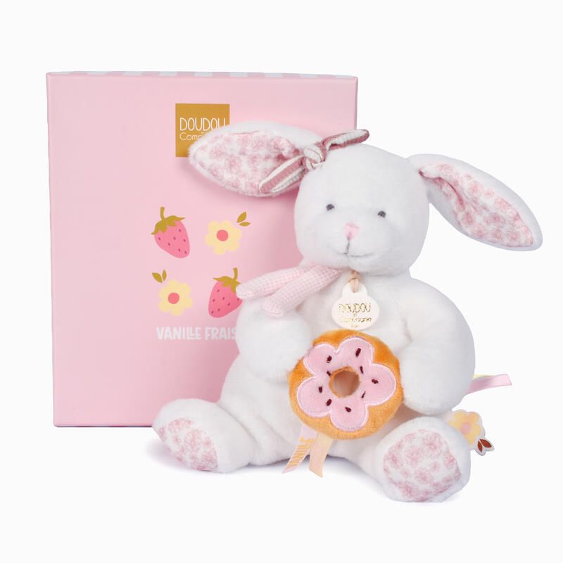 Doudou lapin pantin Vanille Fraise 20cm Blanc - doudou et compagnie