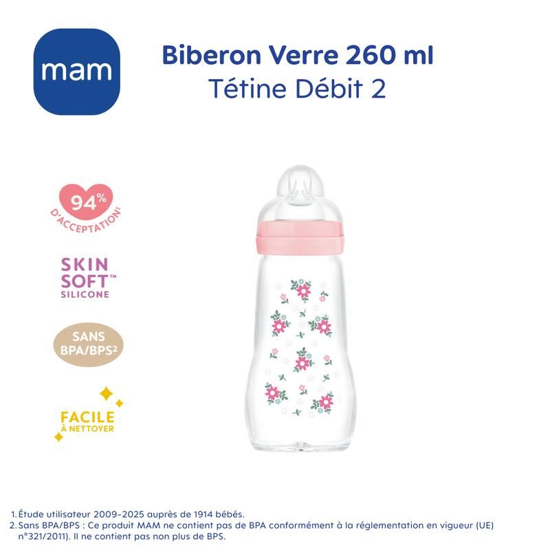 Biberon Verre 260ml 0-6 mois Débit 2 Rose - mam