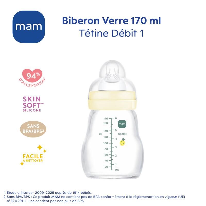 Biberon Verre 170ml 0-6 mois débit 1 Blanc - mam